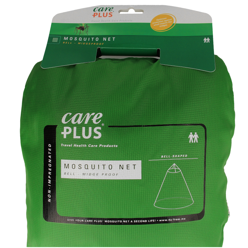 Care Plus mosquito net bell for two persons, midge-proof travel accessory, shown in white fabric with mesh sides.