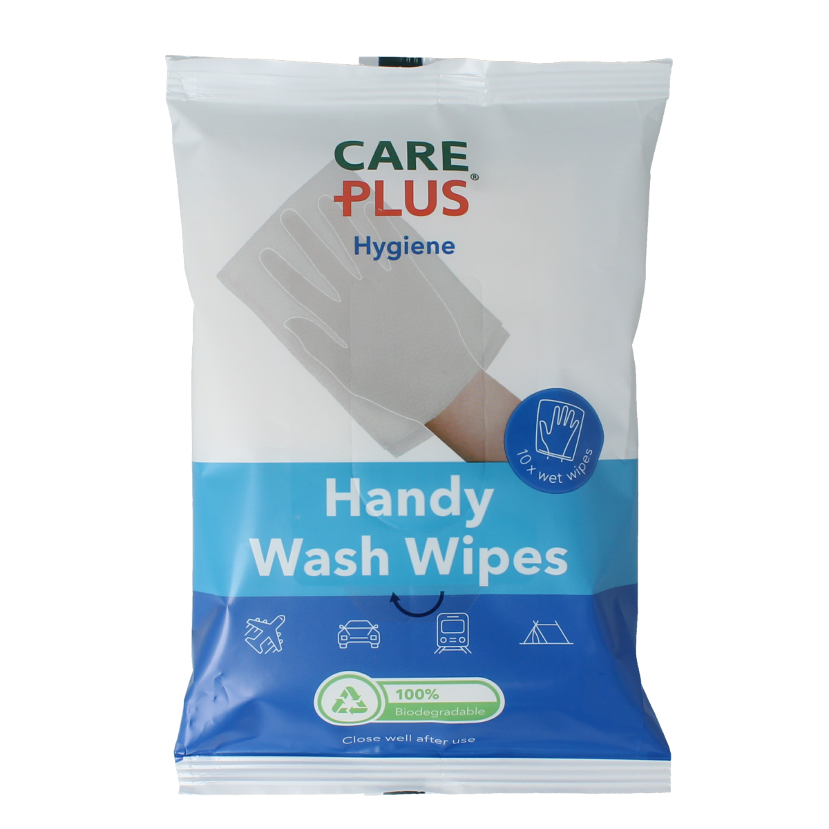 Care Plus Hygiene Wash Wipes for travel, 10-pack, soft and portable personal hygiene wipes for on-the-go freshness.
