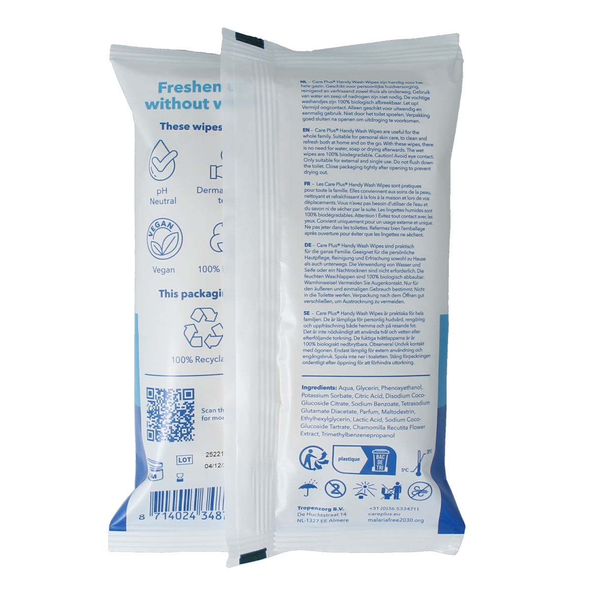 Care Plus Hygiene Wash Wipes 10-pack for travel, compact and convenient personal hygiene wipes in a resealable package.
