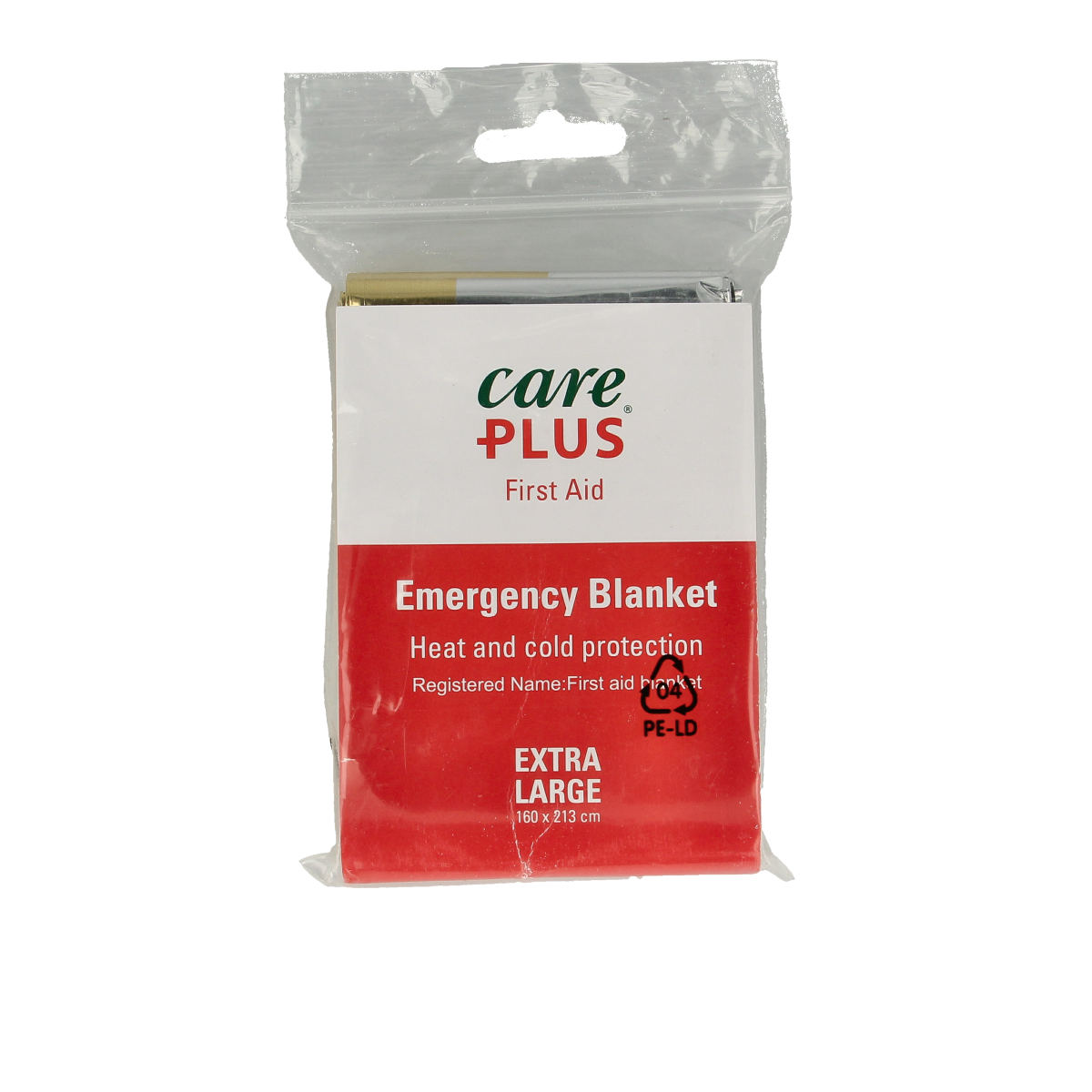 Care Plus emergency blanket in gold and silver, compact EHBO set for emergency warmth and survival situations.