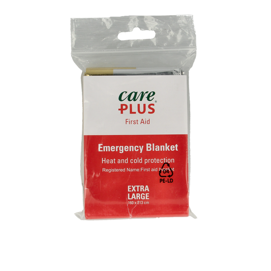 Care Plus emergency blanket in gold and silver, compact EHBO set for emergency warmth and survival situations.