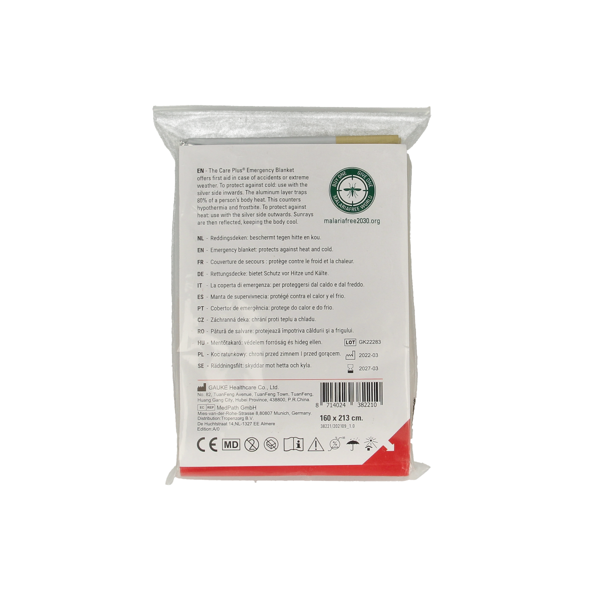 Care Plus emergency blanket in gold and silver, compact first aid set for emergency warmth and survival situations.