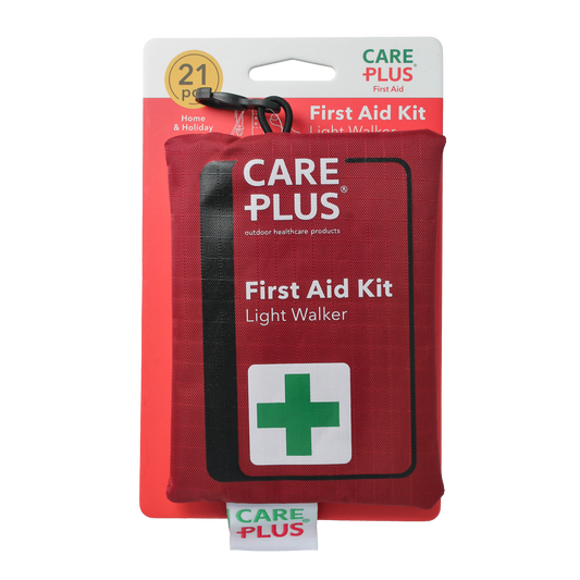 Care Plus first aid kit light for walkers, compact EHBO set with essential medical supplies in a portable case.