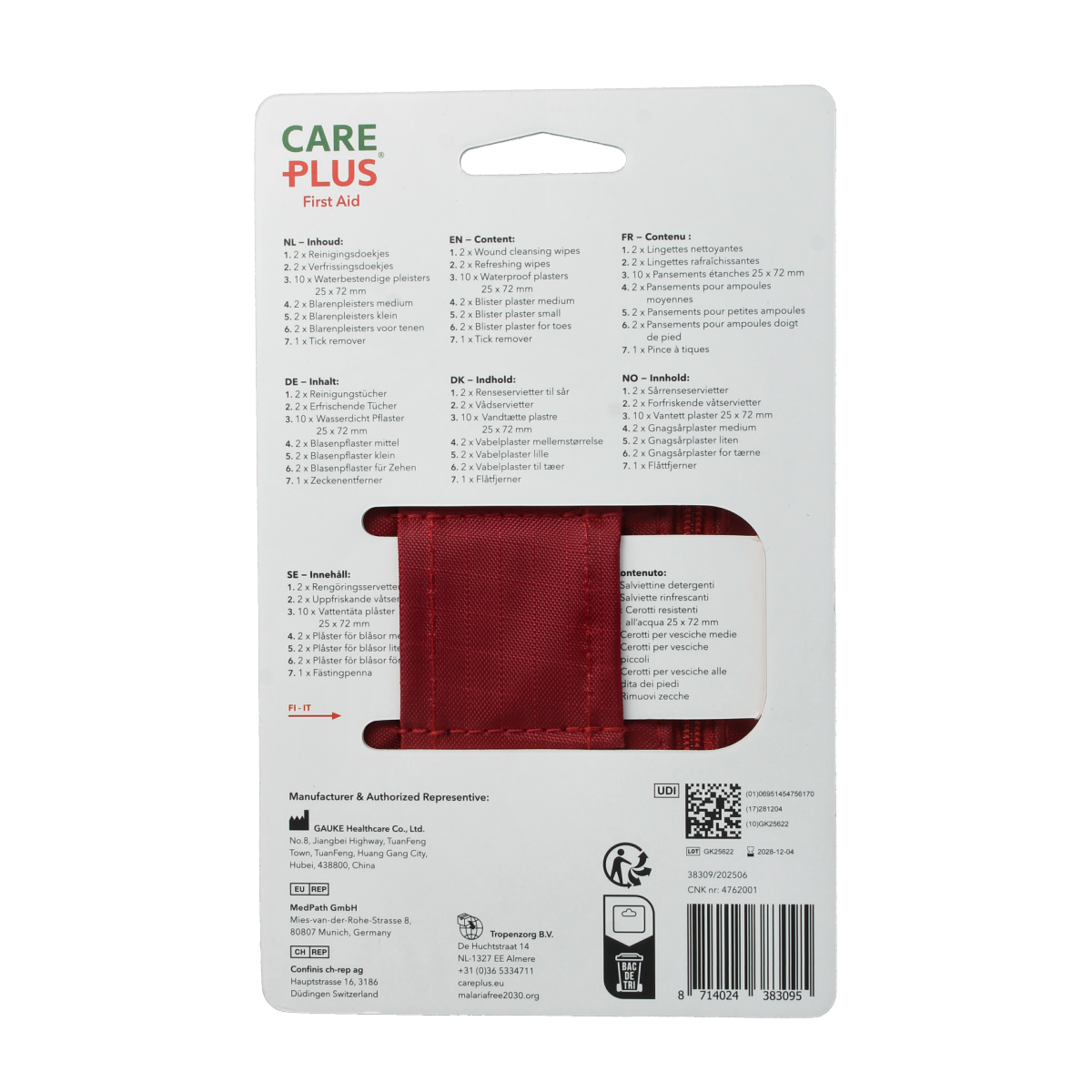 Care Plus First aid kit light for walkers, compact EHBO set with essential first aid supplies in a portable case.