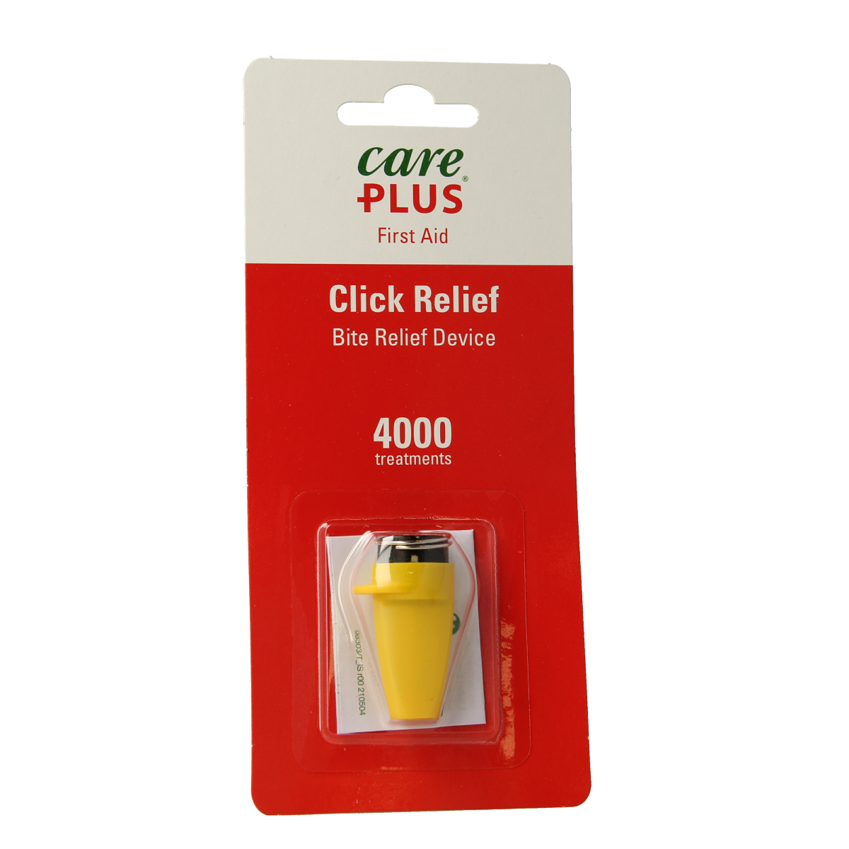 Care Plus Click Away bite relief device for insect bites, shown in a close-up image, designed to reduce itching and swelling.