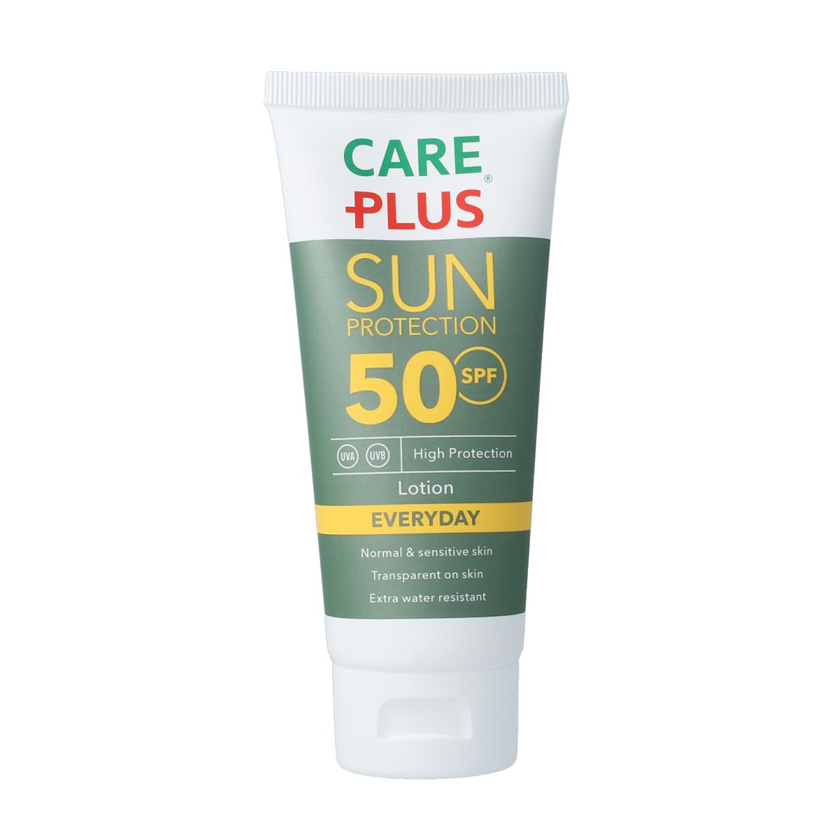 Care Plus Sun Protect SPF50 sunscreen tube, 100ml, with bright packaging and product label visible.
