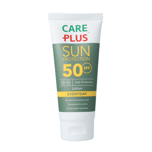 Care Plus Sun Protect SPF50 sunscreen tube, 100ml, with bright packaging and product label visible.