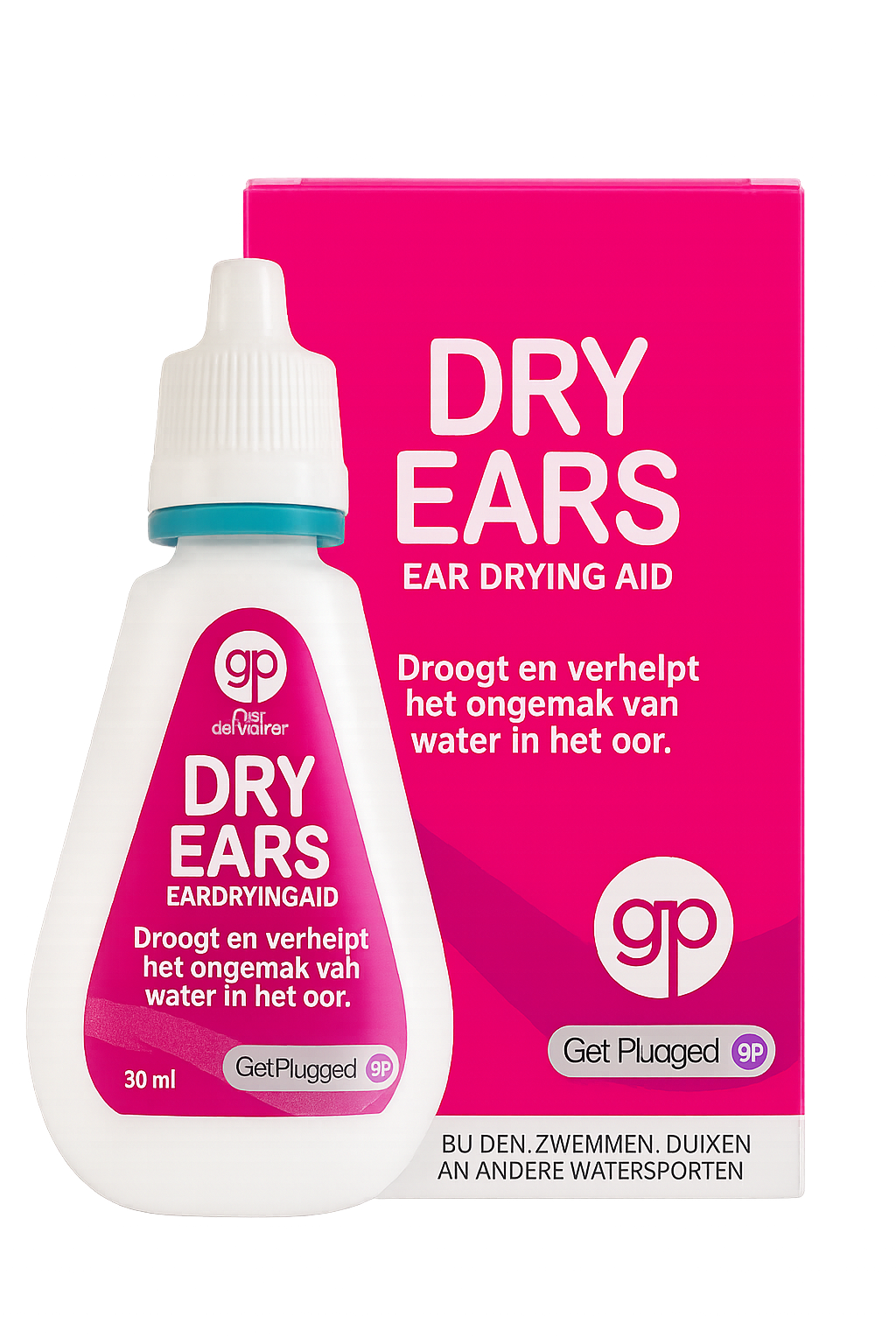 Get Plugged Dry Ears Oorverzorging bottle, 30ml, for ear care, with a white and blue label and a clear cap.