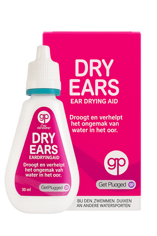 Get Plugged Dry Ears Oorverzorging bottle, 30ml, for ear care, with a white and blue label and a clear cap.