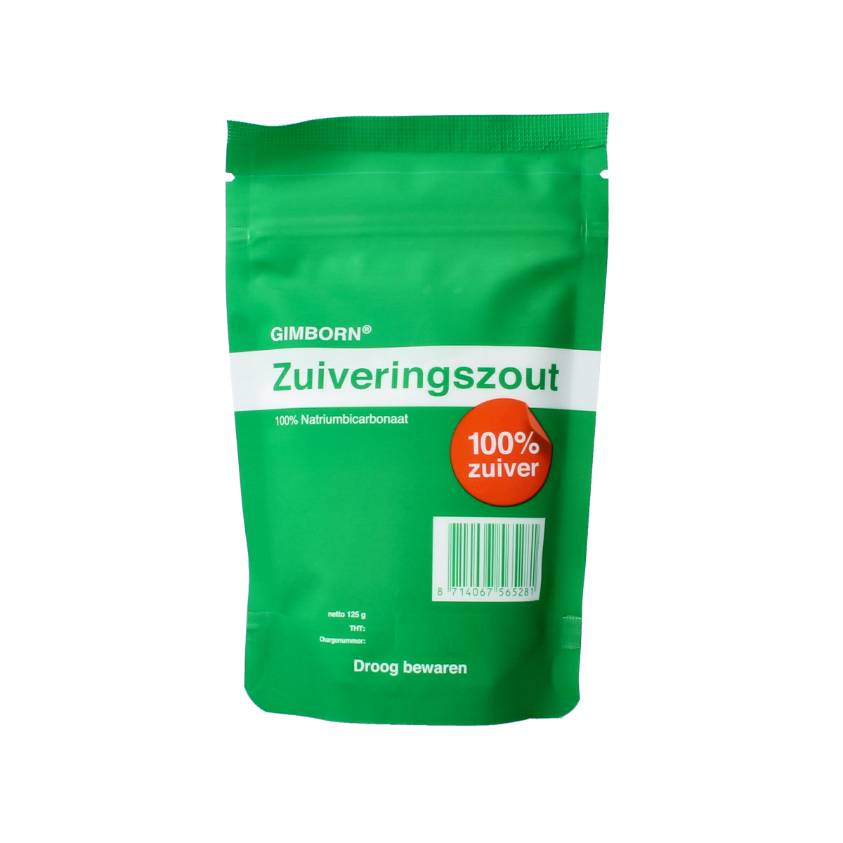 Gimborn Zuiveringszout 125g, natural sodium bicarbonate powder for cooking and household use, in a clear container.