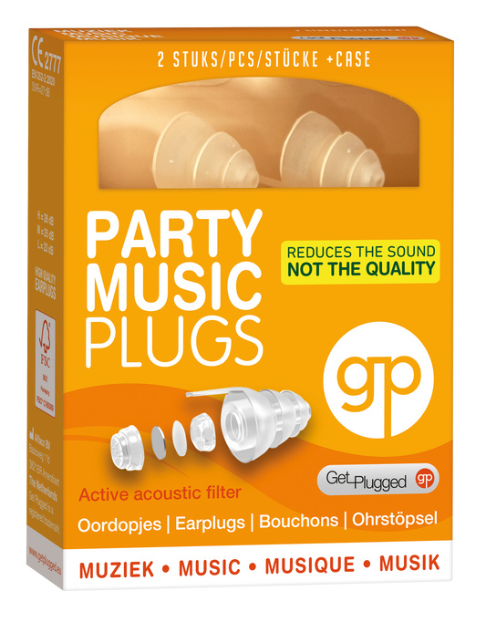 Get Plugged Party music ear protection plugs, 1 pair, designed for sound reduction and comfort during loud events.