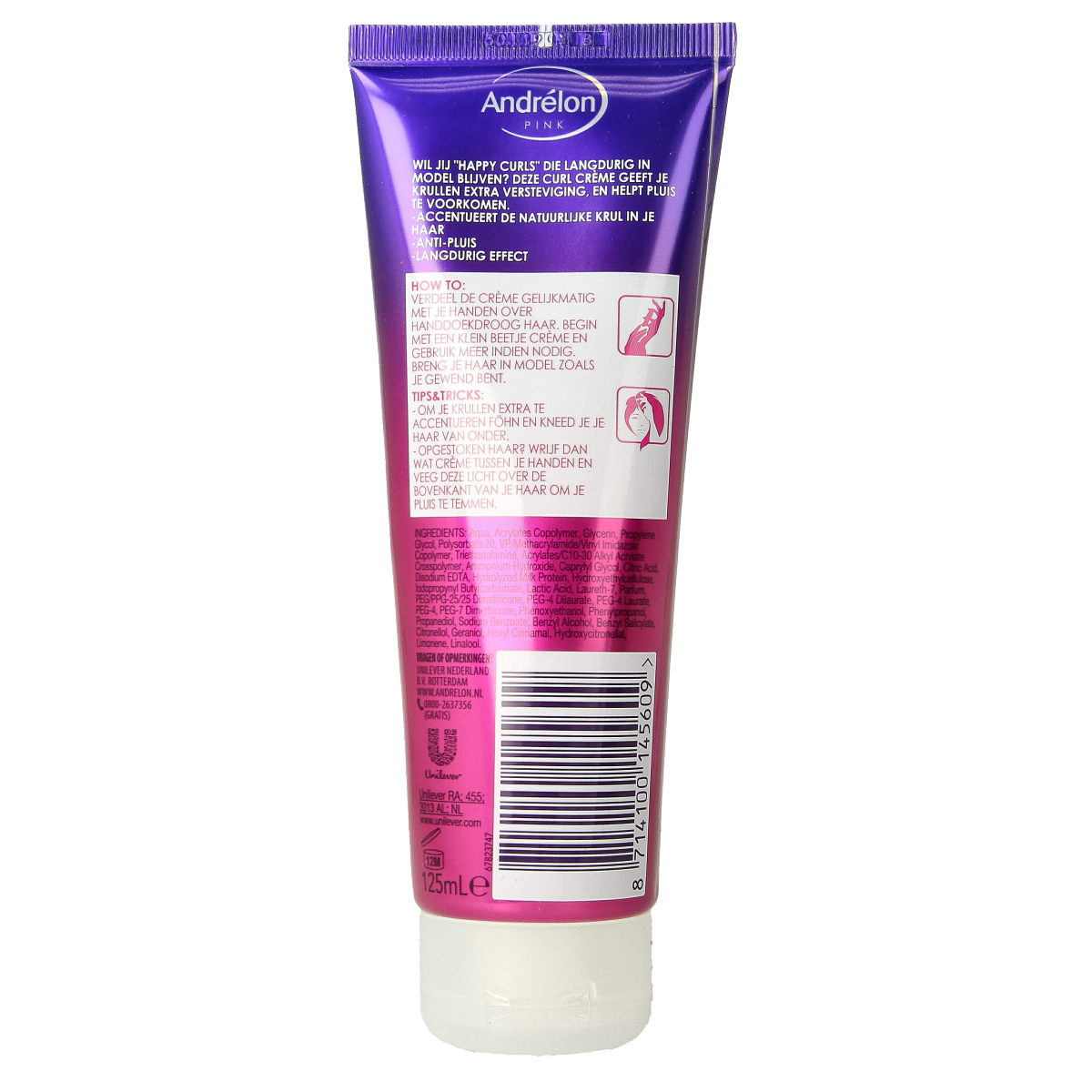 Andrelon Pink Creme Happy Curls hair styling product in a 125ml container, designed to enhance curly hairstyles.