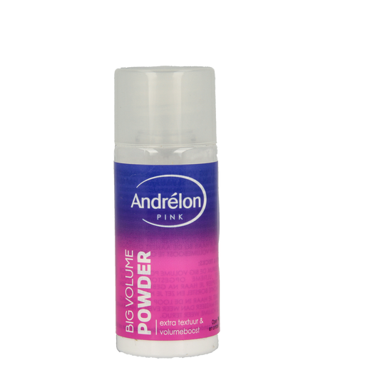 Andrelon Pink Get the Volume powder for hair styling, 7 grams, in a pink container with a secure lid.