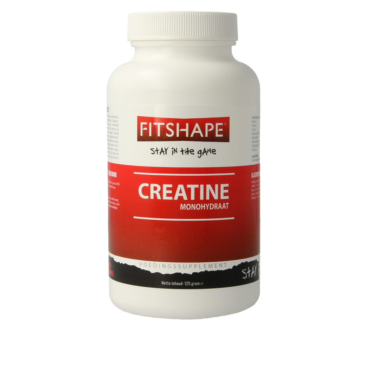Fitshape Creatine Monohydrate amino acid supplement in 125g container, highlighting fitness and muscle support.