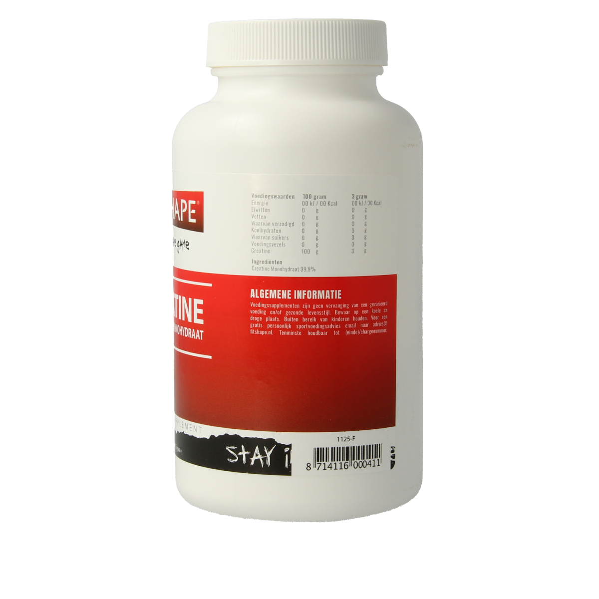 Fitshape Creatine Monohydrate 125g amino acid supplement, showing the container with label and product packaging.