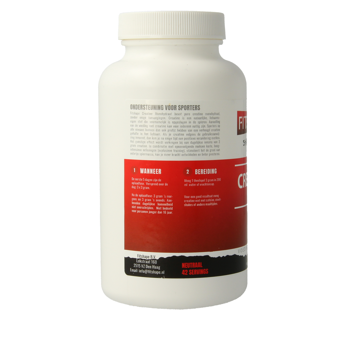 Fitshape Creatine Monohydrate 125g container, supplement for muscle building, with amino acids, black and white label design.