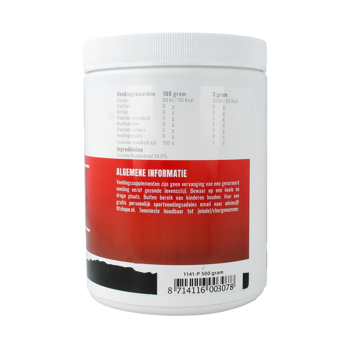 Fitshape Creatine Monohydrate 500g container, supplement for muscle performance, with amino acids on the label.