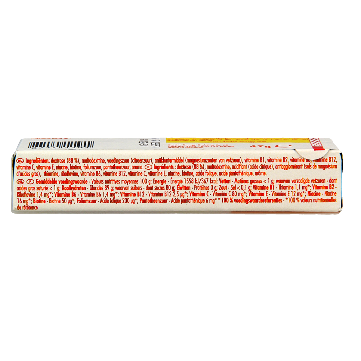 Dextro Multivitamine tablet in a 47g roll, showing the colorful tablet packaging for sugars and sweeteners by Dextro.