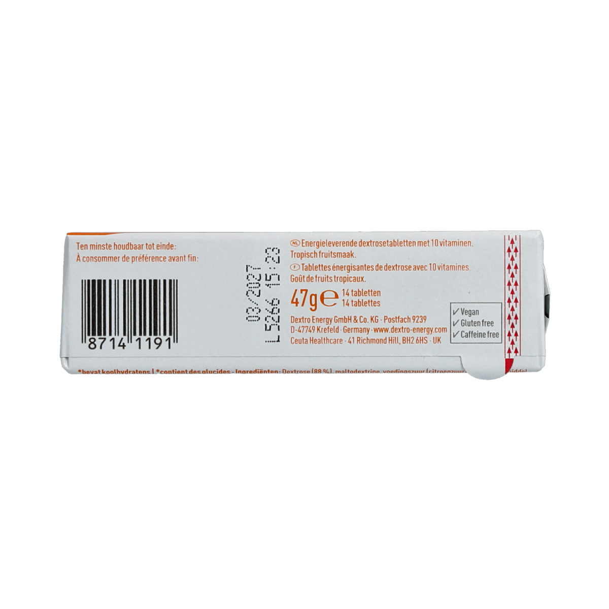 Dextro Multivitamine tablet in 47g roll, part of the Suikers en Zoetstoffen line, showing the packaging and tablet details.