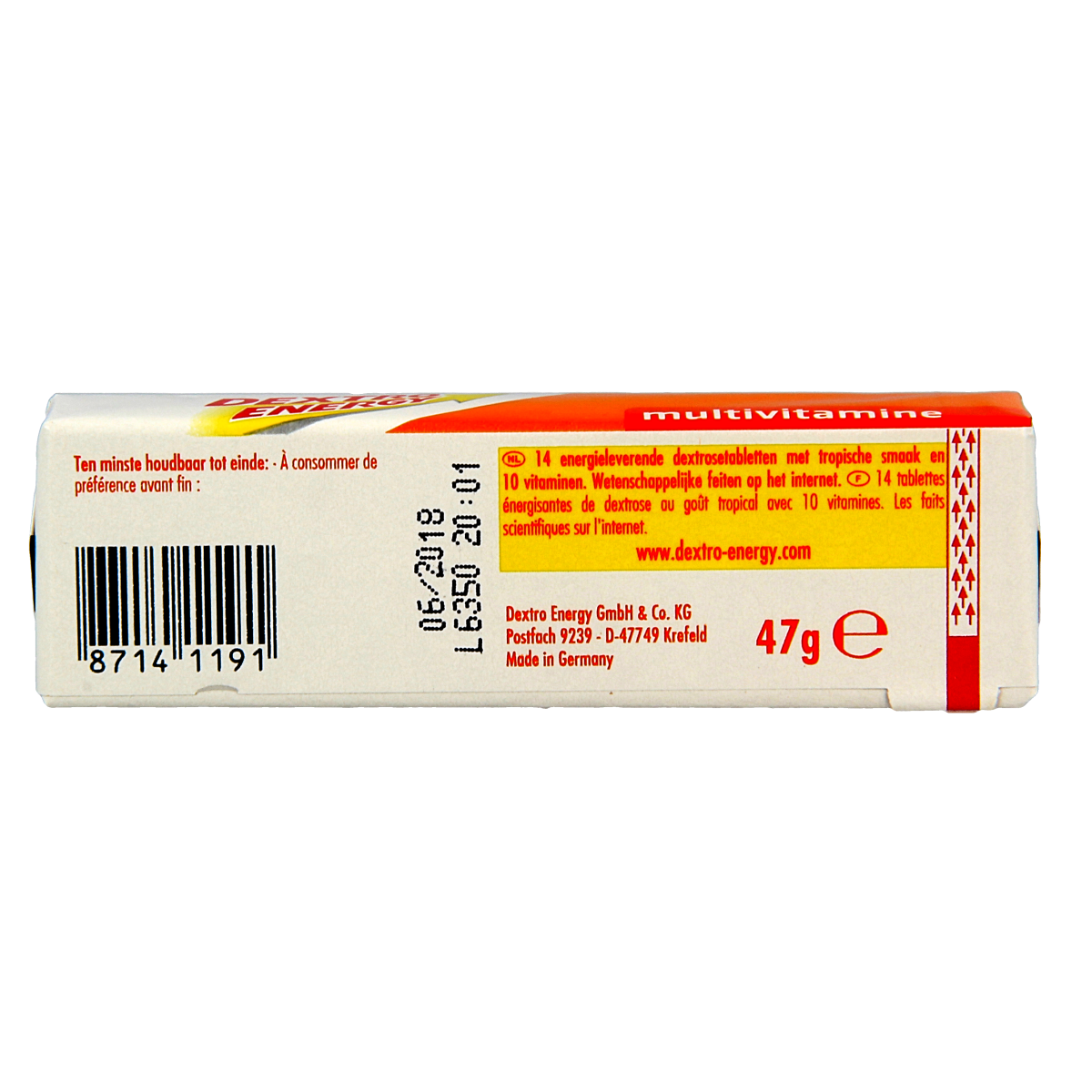 Dextro Multivitamine tablet for sugars and sweeteners, 47 grams, showing the tablet and packaging with brand logo.