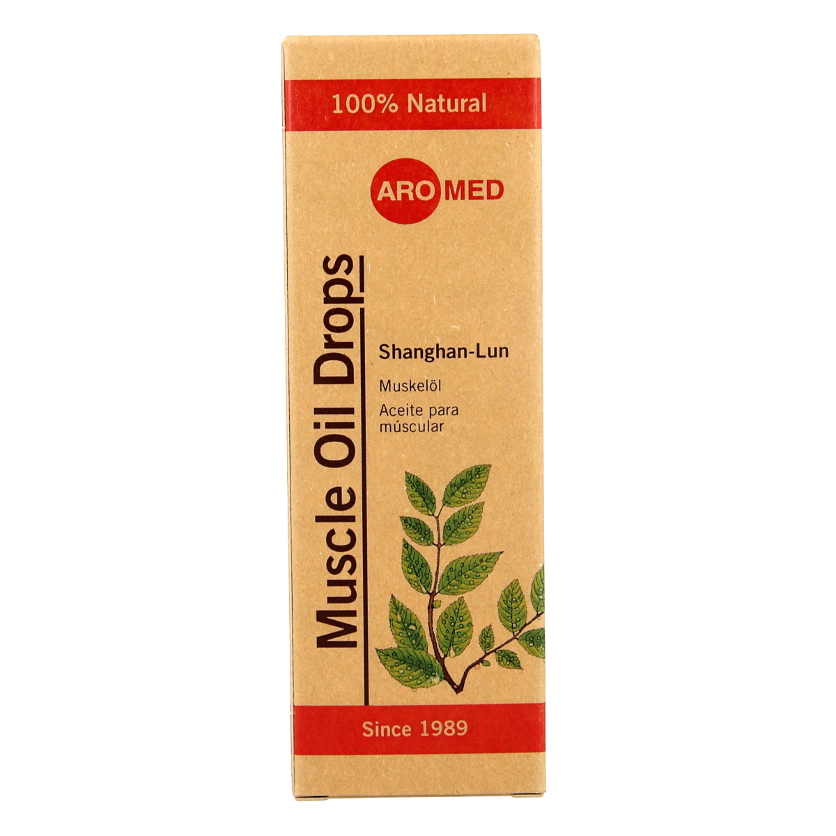 Aromed Shanghan-Lun spierolie druppels bottle, 50ml for muscle and joint care, with herbal ingredients and dropper cap.
