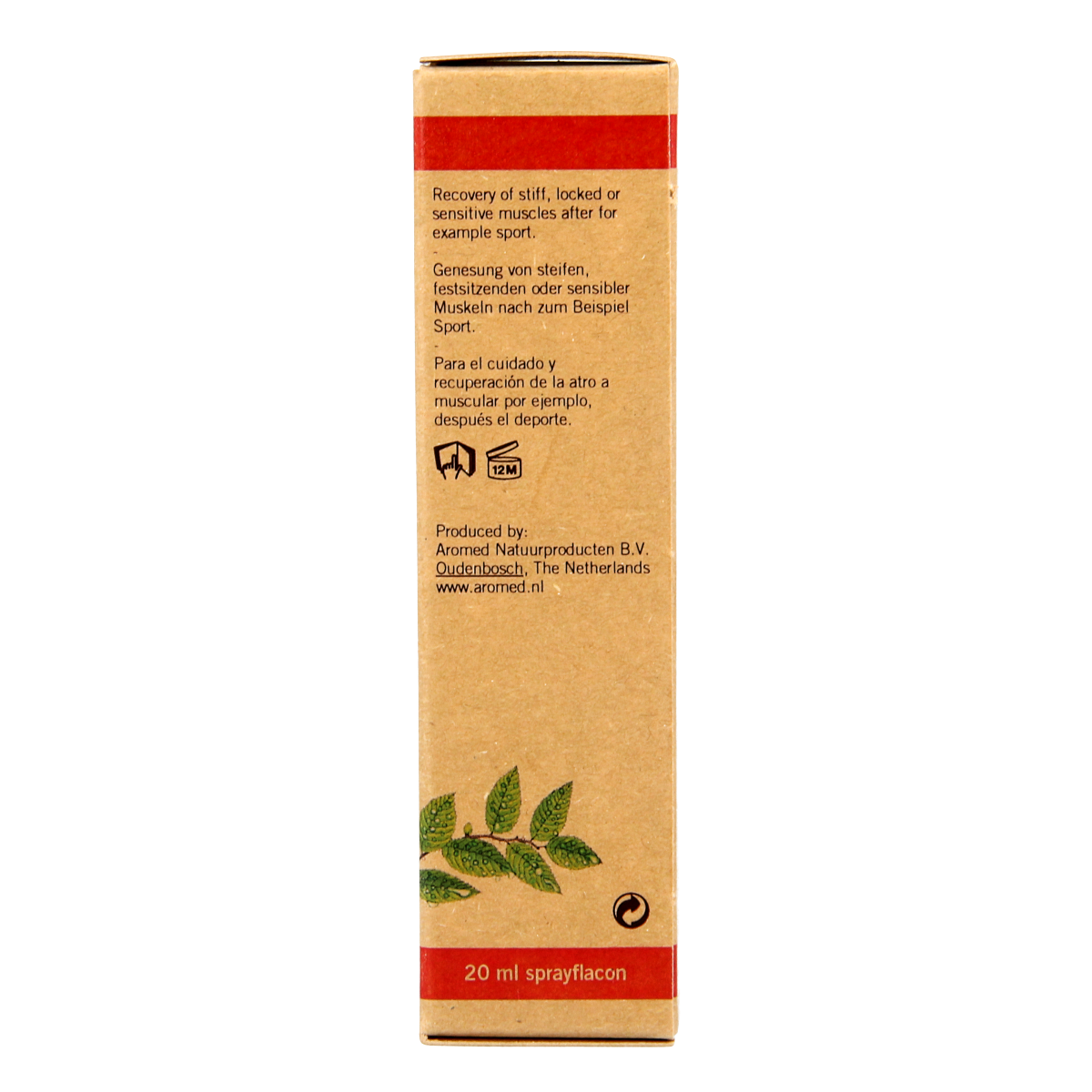 Aromed Shanghan-Lun spierolie spray bottle for muscle and joint care, 20ml, with herbal ingredients and ergonomic spray nozzle.