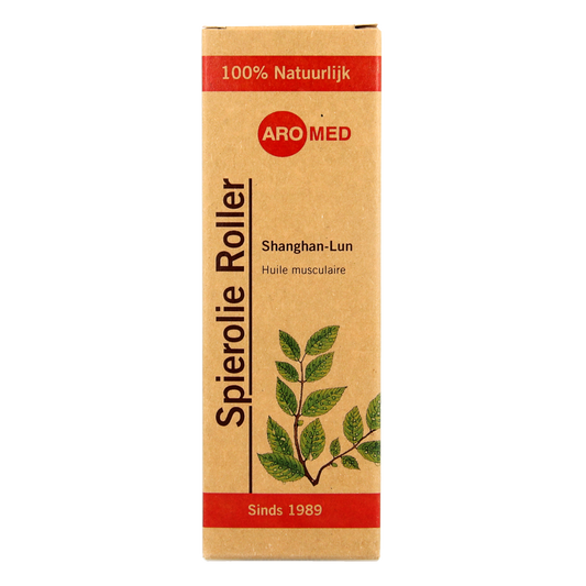 Aromed Shanghan-Lun spierolie roller for muscle and joint care, 30ml bottle with roller applicator and label.