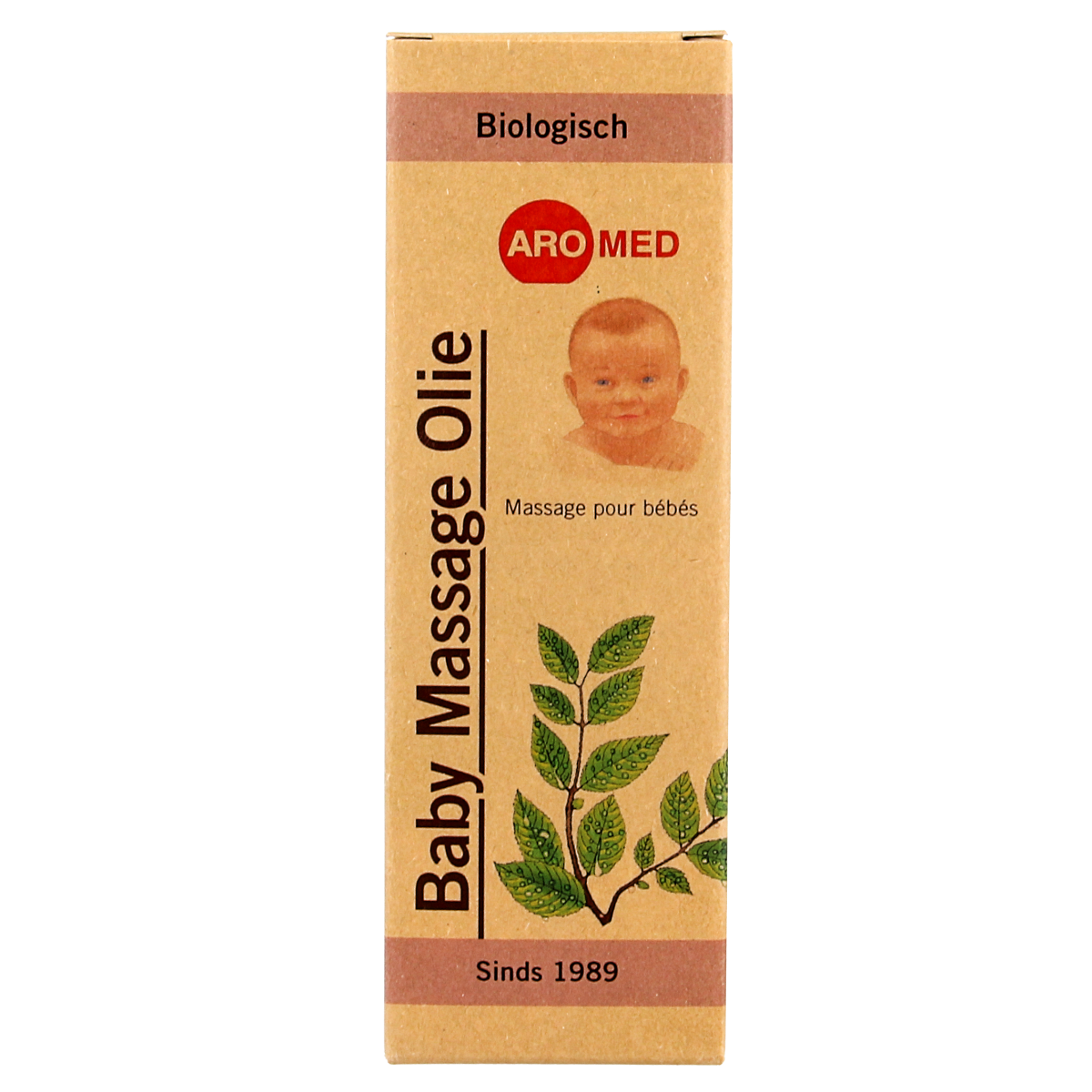 Aromed organic baby massage oil bottle, 100ml, gentle skincare for infants and toddlers, with natural ingredients.