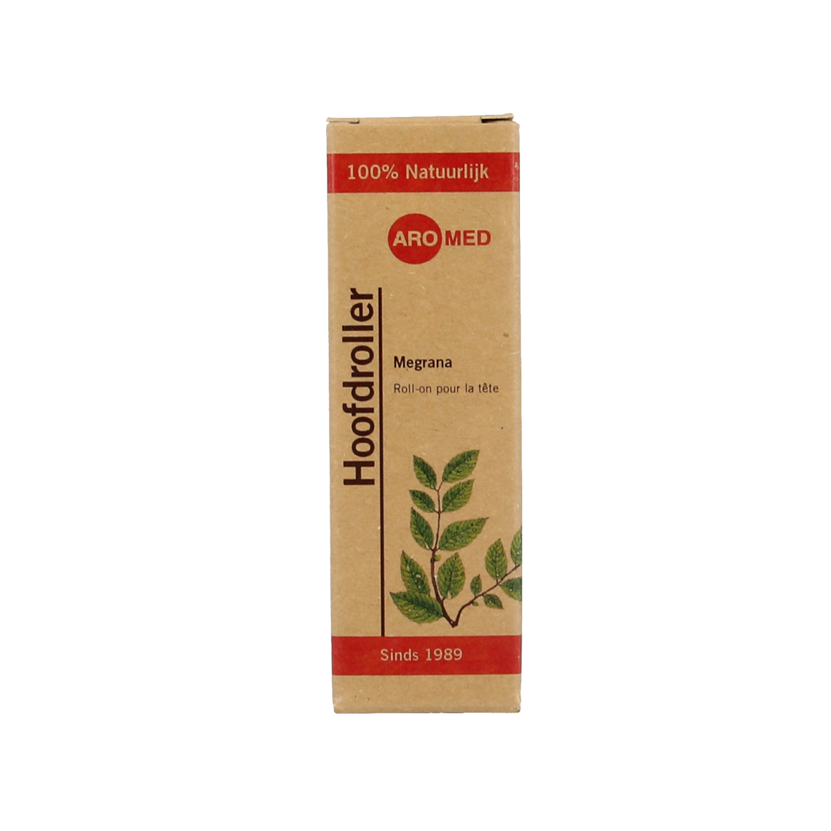 Aromed Megrana hoofdroller 10ml for body care, featuring a clear glass roller bottle with a white cap and Aromed branding.
