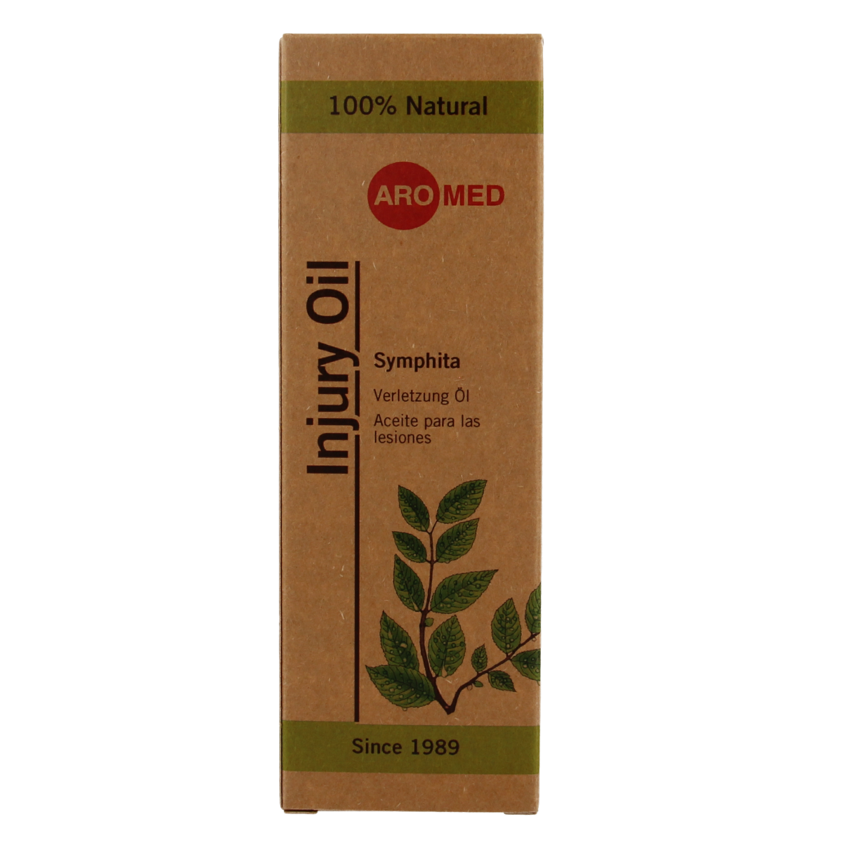 Aromed Symphita blessure olie for muscle and joint care, 30ml, featuring a dark glass bottle with a dropper cap.