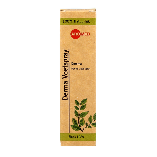 Aromed Dexema derma voetspray in 20ml bottle, a foot care product with a spray nozzle for soothing foot skincare.
