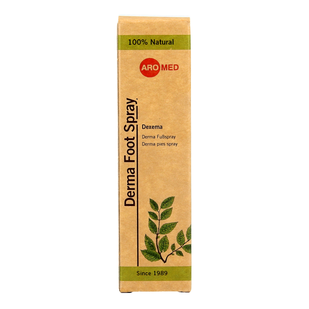 Aromed Dexema derma voetverzorging spray bottle, 20ml, for foot skincare and hygiene, with a white spray cap and label.