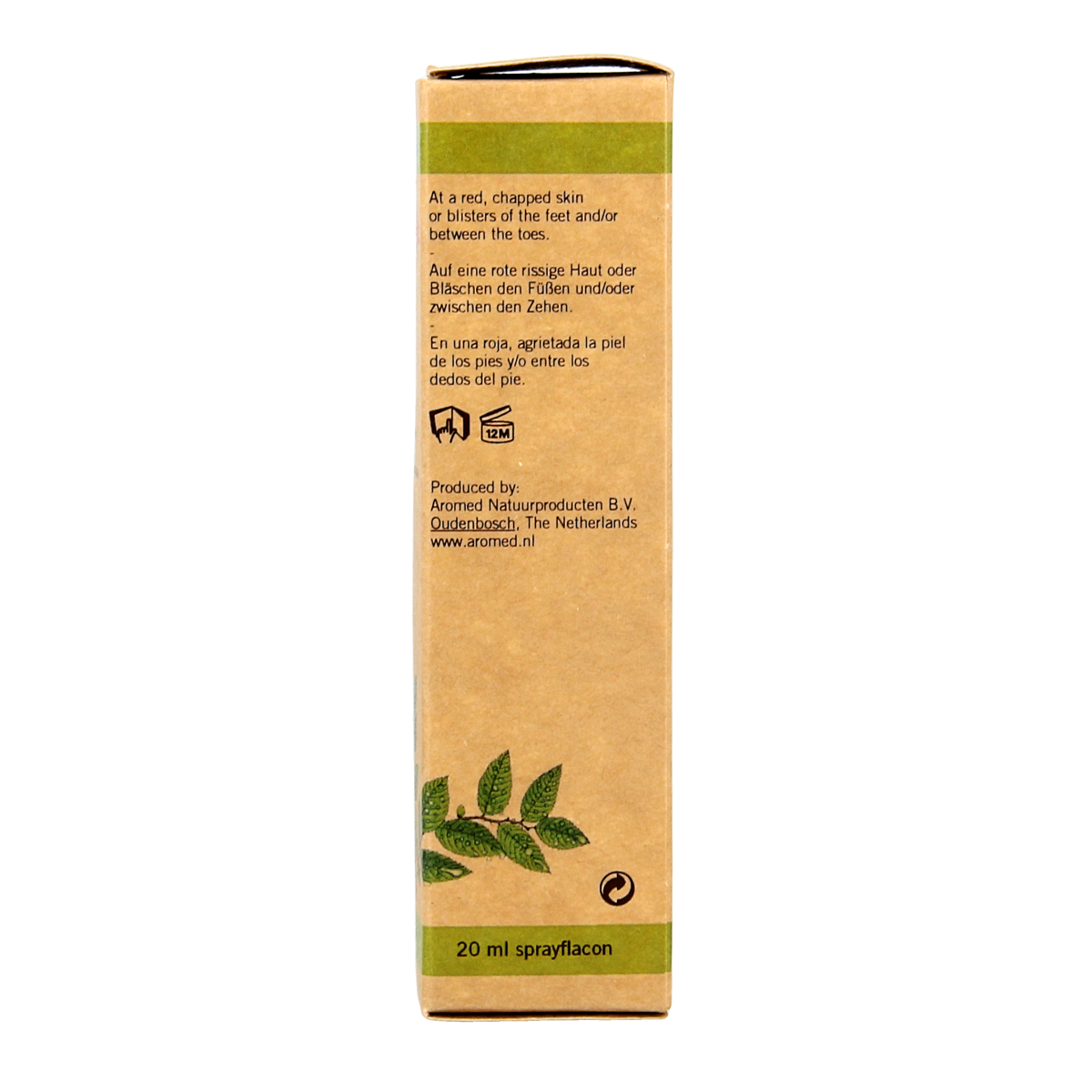 Aromed Dexema derma voetspray in 20ml spray bottle, foot care product with natural ingredients for healthy, moisturized feet.