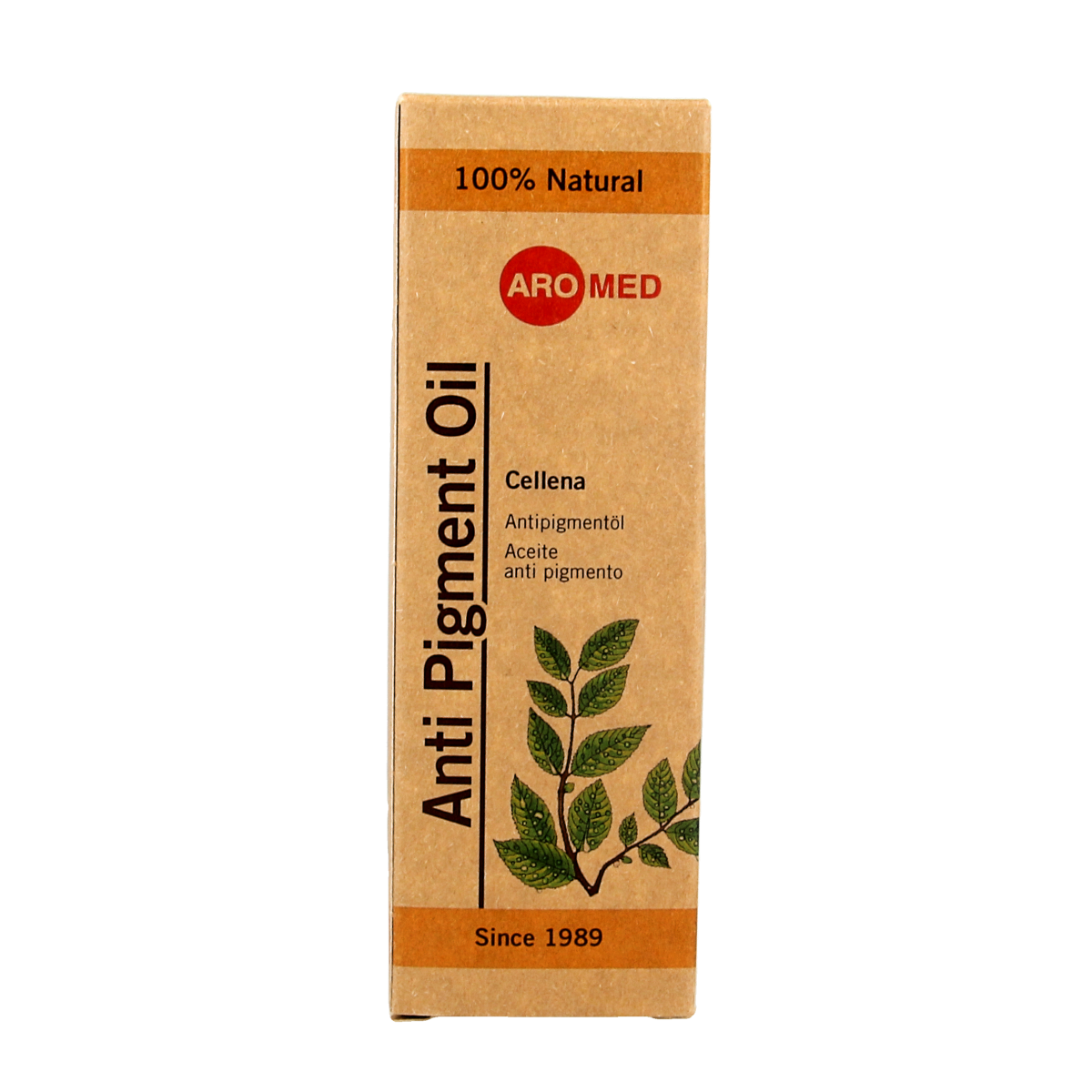 Aromed Cellena anti-pigment body oil in 30ml bottle, natural skincare product for evening skin tone and brightening.