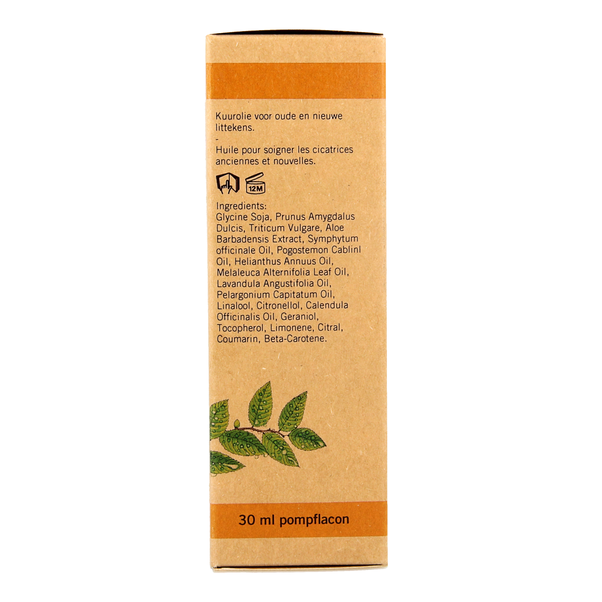 Aromed Calenlita Littekenolie 30ml bottle for scar care, natural body care product from Aromed, with a white and green label.