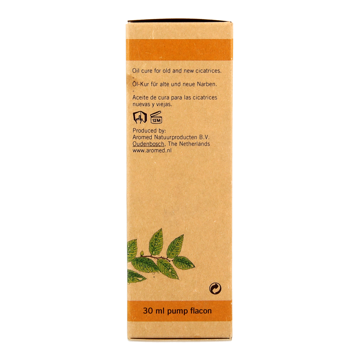 Aromed Calenlita scar oil in a 30ml bottle, natural body care product with a clear label and dropper cap.