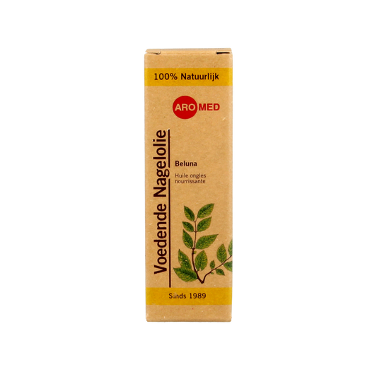 Aromed Beluna nourishing nail oil in a 10ml bottle, hand care product for strengthening and moisturizing nails and cuticles.