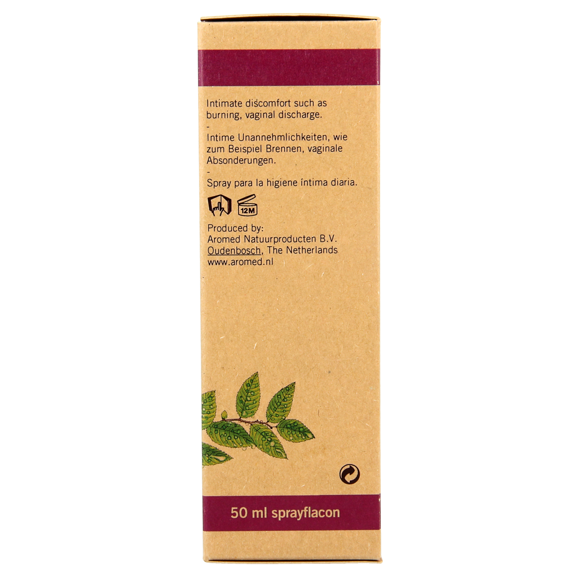 Aromed Candira dameshygiëne spray, 50ml, in a white and purple bottle, designed for intimate hygiene.