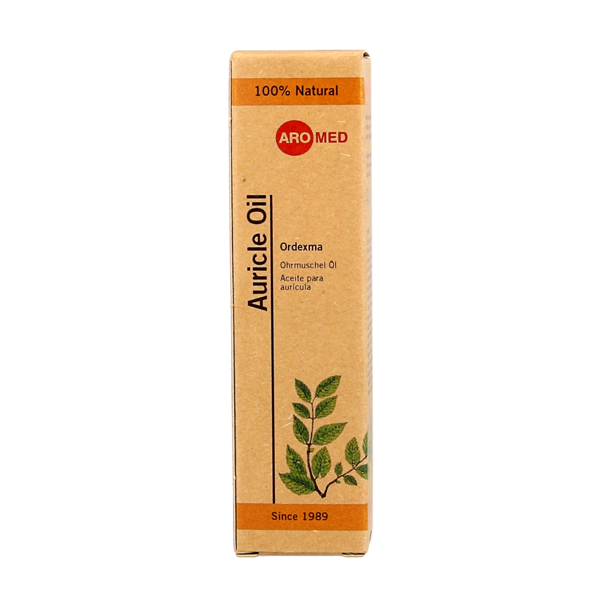 Aromed Ordexma ear care oil bottle, 10ml, for ear hygiene and soothing ear health, with a clear view of the product bottle.