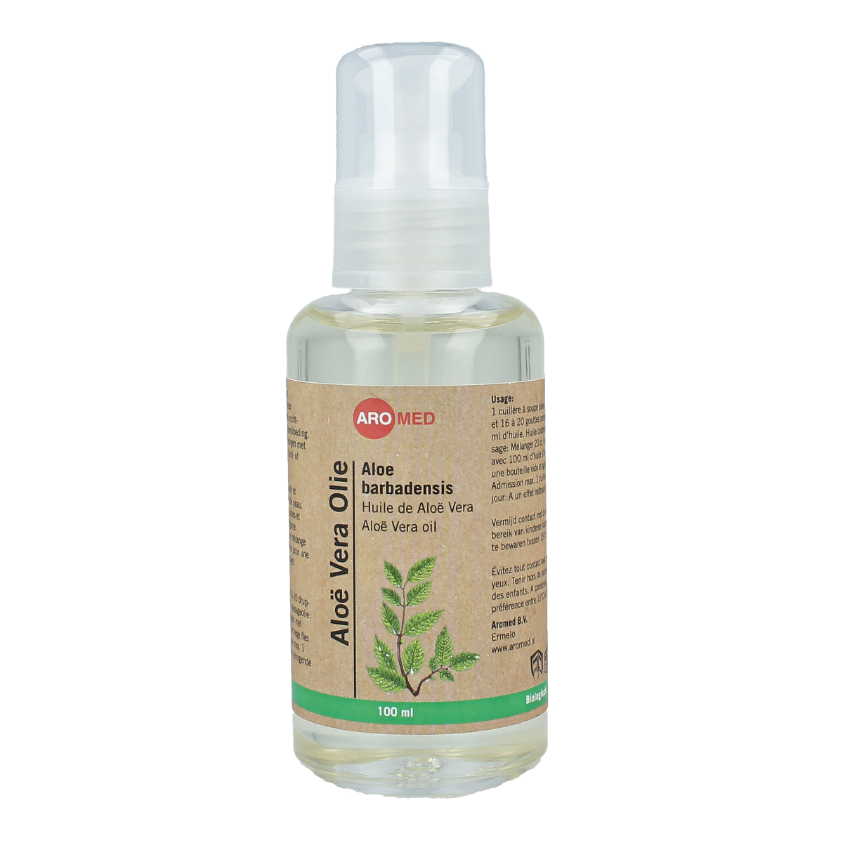 Aromed Aloe Vera body oil in 100ml bottle, with fresh aloe vera leaves and clear liquid, natural skincare product for moisturizing skin.