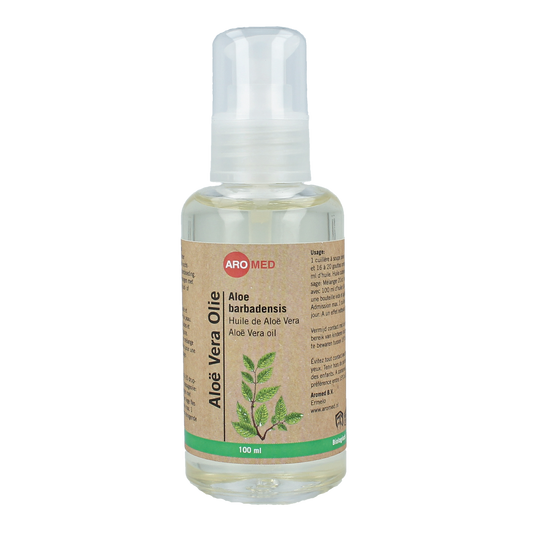 Aromed Aloe Vera body oil in 100ml bottle, with fresh aloe vera leaves and clear liquid, natural skincare product for moisturizing skin.