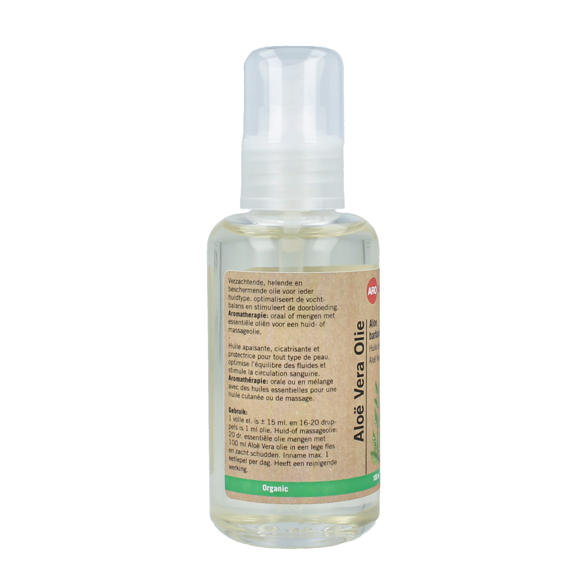 Aromed Aloe Vera olie 100ml bottle for body care, featuring clear container and green label with Aloe Vera branding.