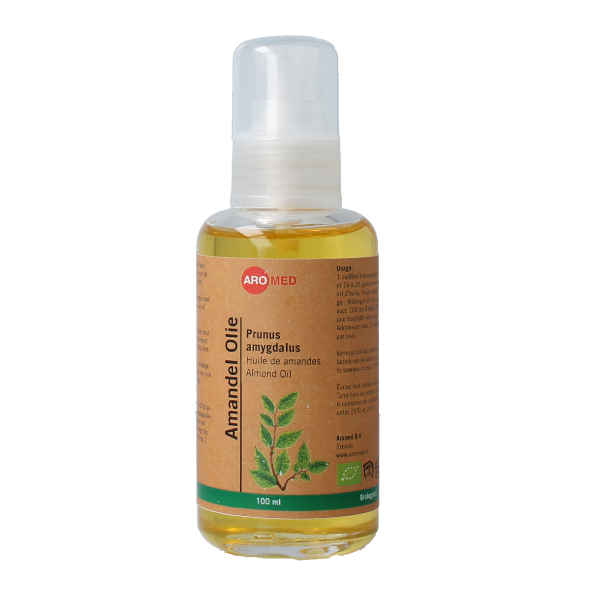 Aromed organic almond oil in a 100ml bottle, natural and pure essential oil for skincare and massage.