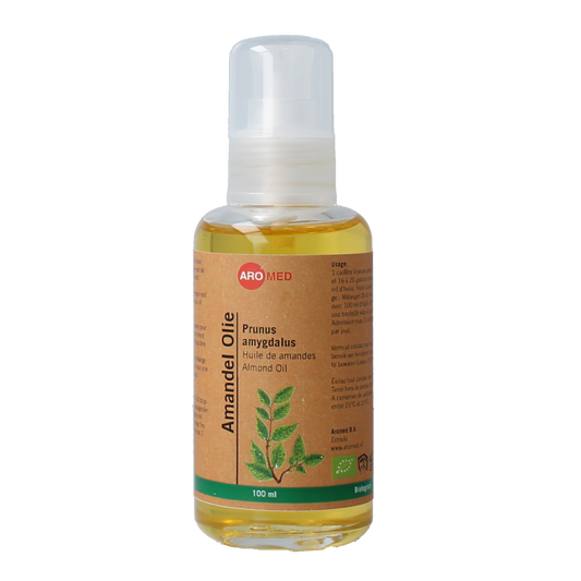 Aromed organic almond oil in a 100ml bottle, natural and pure essential oil for skincare and massage.