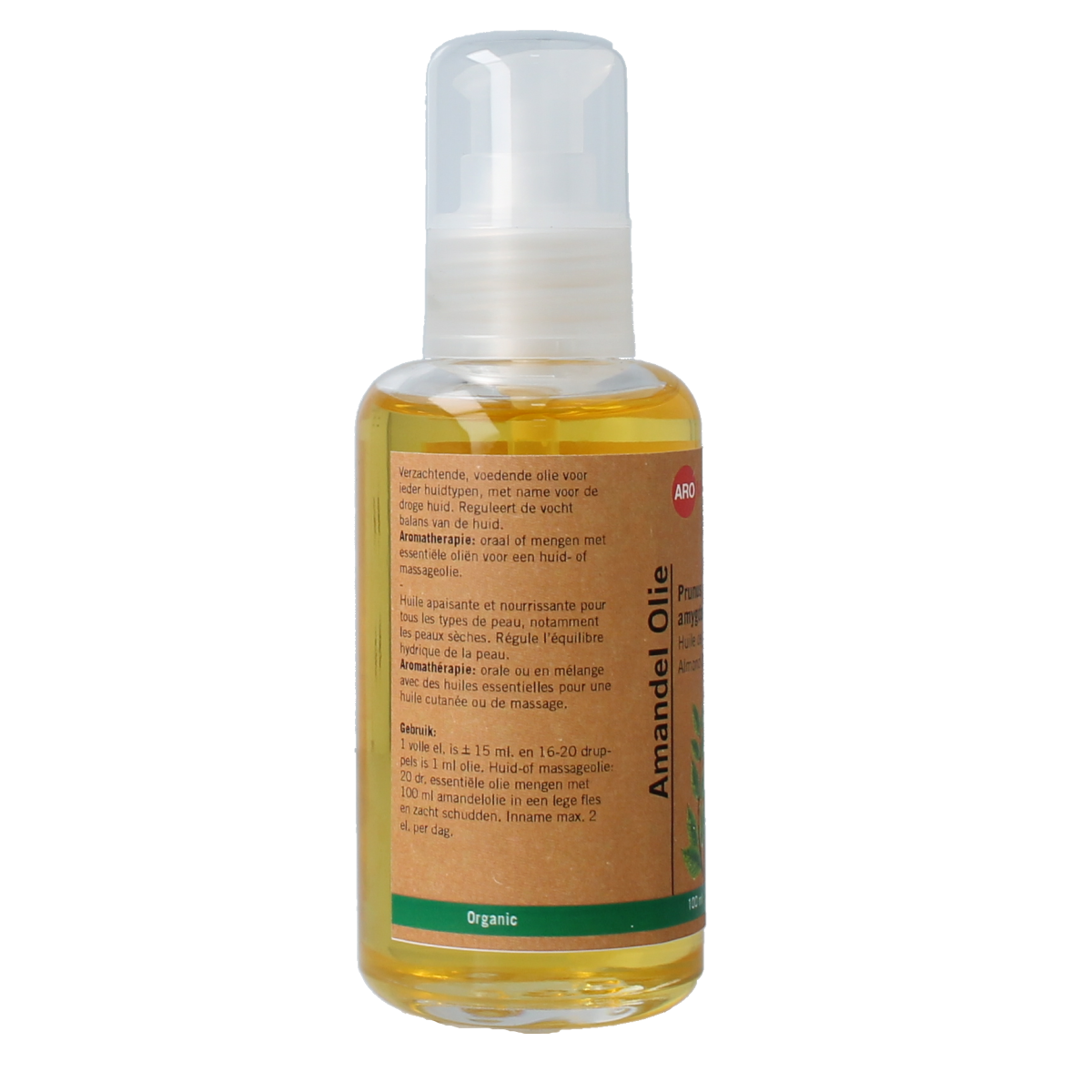 Aromed bio almond oil in a 100ml glass bottle, suitable for essential oil use, with a clear label and dropper cap.