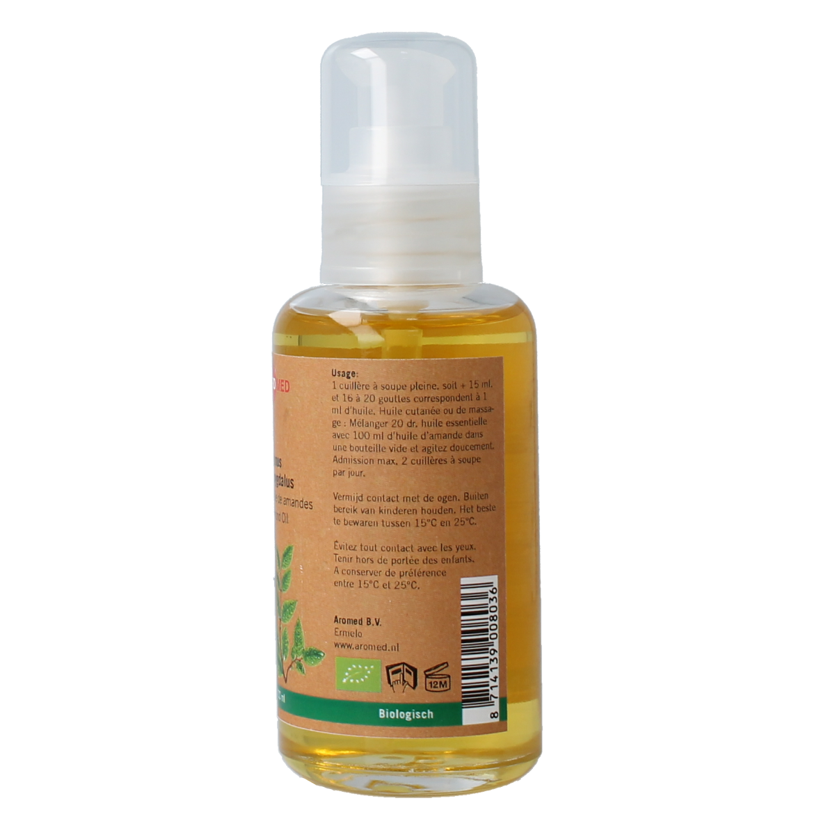Aromed organic almond oil in a 100ml bottle, showcasing clear golden liquid in a glass container with a white cap.