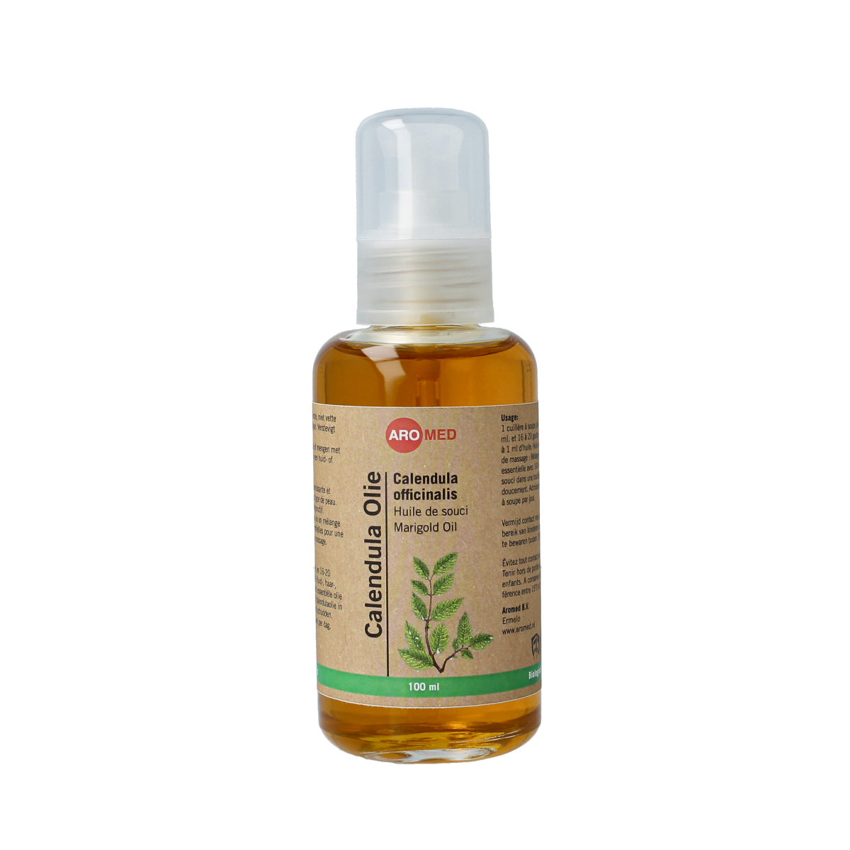 Aromed bio calendula oil bottle for body care, 100ml, with a white label and orange cap, on a plain background.
