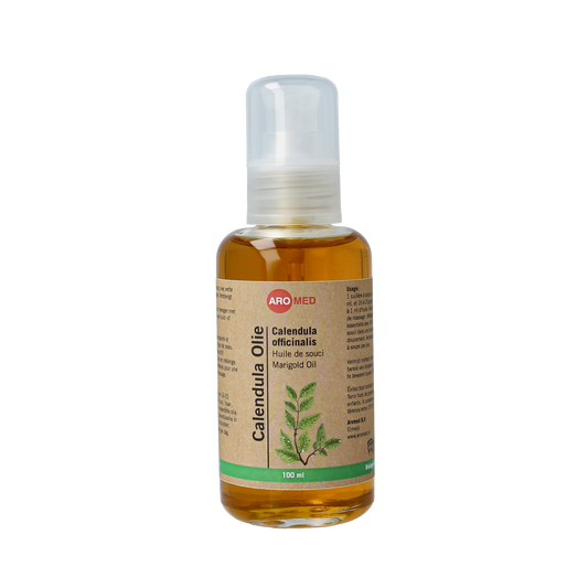 Aromed bio calendula oil bottle for body care, 100ml, with a white label and orange cap, on a plain background.