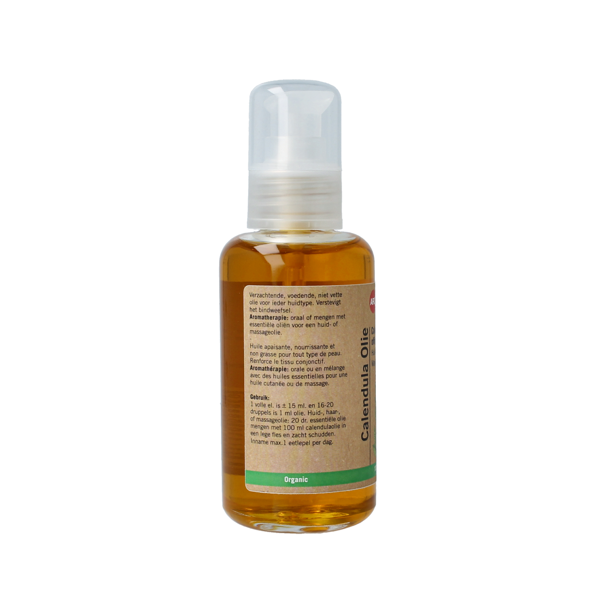 Aromed Calendula bio body oil in 100ml bottle, natural skincare product with calendula flowers and oil in a clear container.
