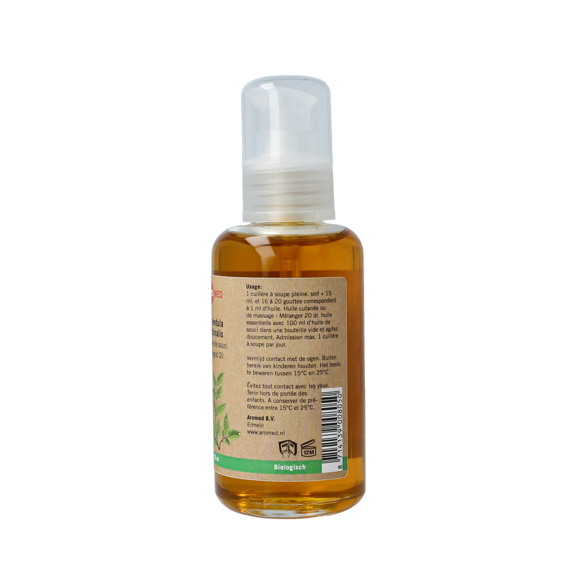Aromed bio Calendula oil bottle for body care, 100ml, with a clear label and golden liquid inside.